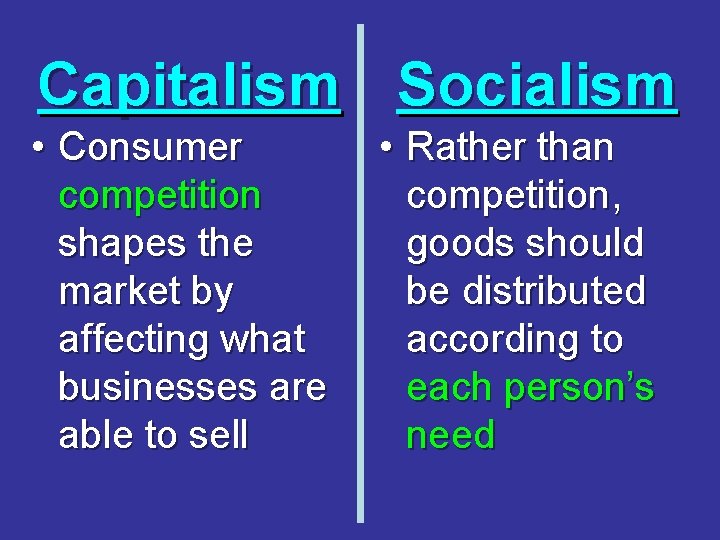 Capitalism Socialism • Consumer competition shapes the market by affecting what businesses are able