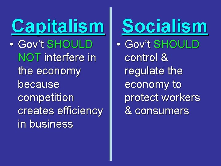 Capitalism Socialism • Gov’t SHOULD NOT interfere in the economy because competition creates efficiency