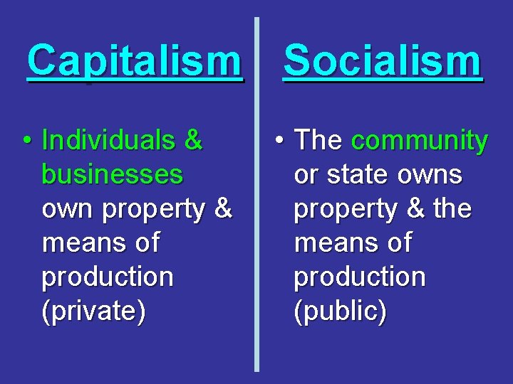 Capitalism Socialism • Individuals & businesses own property & means of production (private) •