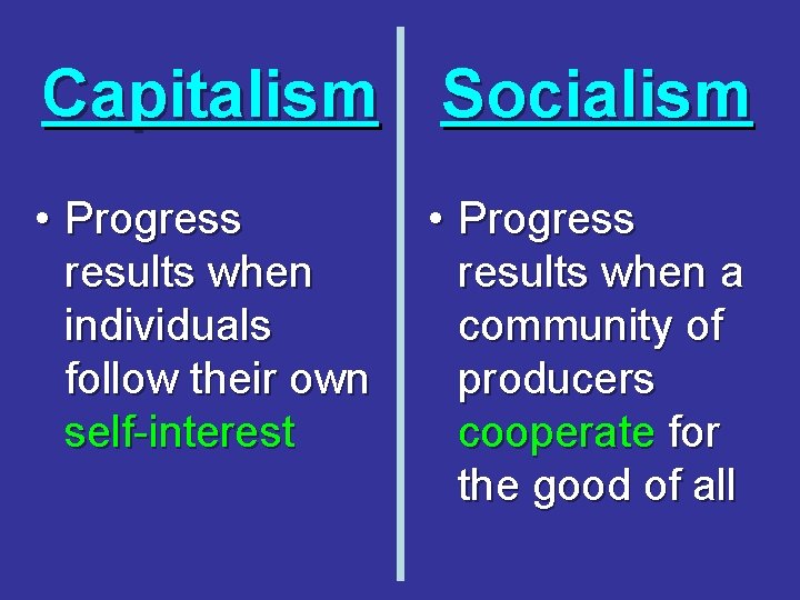 Capitalism Socialism • Progress results when individuals follow their own self-interest • Progress results