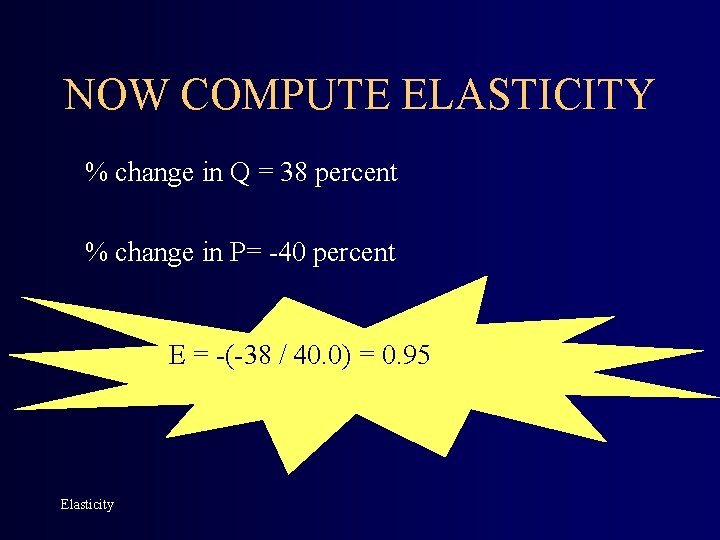NOW COMPUTE ELASTICITY % change in Q = 38 percent % change in P=