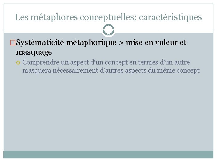 Les métaphores conceptuelles: caractéristiques �Systématicité métaphorique > mise en valeur et masquage Comprendre un Les métaphores conceptuelles: caractéristiques �Systématicité métaphorique > mise en valeur et masquage Comprendre un