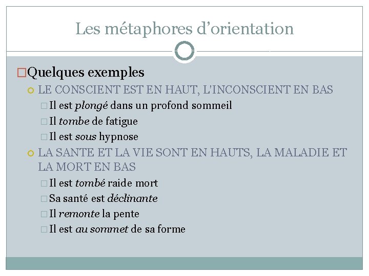 Les métaphores d’orientation �Quelques exemples LE CONSCIENT EST EN HAUT, L’INCONSCIENT EN BAS � Les métaphores d’orientation �Quelques exemples LE CONSCIENT EST EN HAUT, L’INCONSCIENT EN BAS �