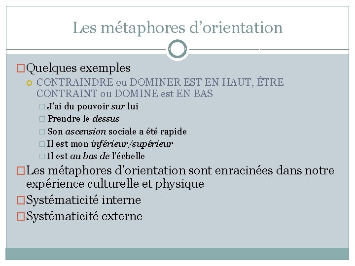 Les métaphores d’orientation �Quelques exemples CONTRAINDRE ou DOMINER EST EN HAUT, ÊTRE CONTRAINT ou Les métaphores d’orientation �Quelques exemples CONTRAINDRE ou DOMINER EST EN HAUT, ÊTRE CONTRAINT ou