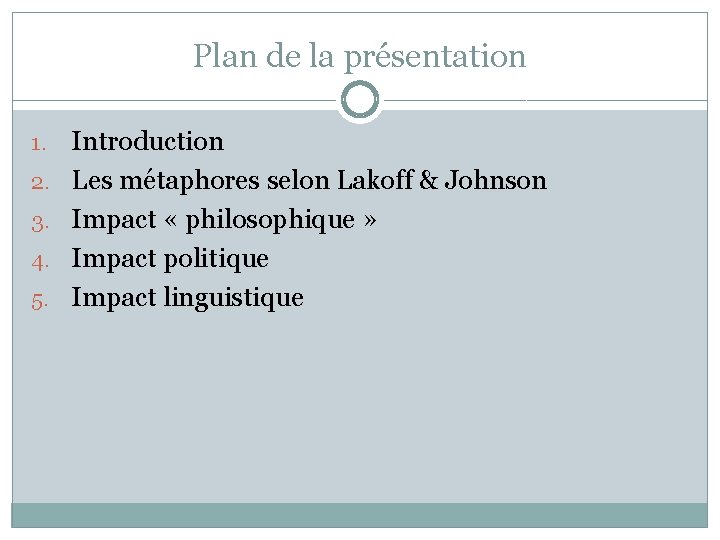 Plan de la présentation 1. 2. 3. 4. 5. Introduction Les métaphores selon Lakoff Plan de la présentation 1. 2. 3. 4. 5. Introduction Les métaphores selon Lakoff