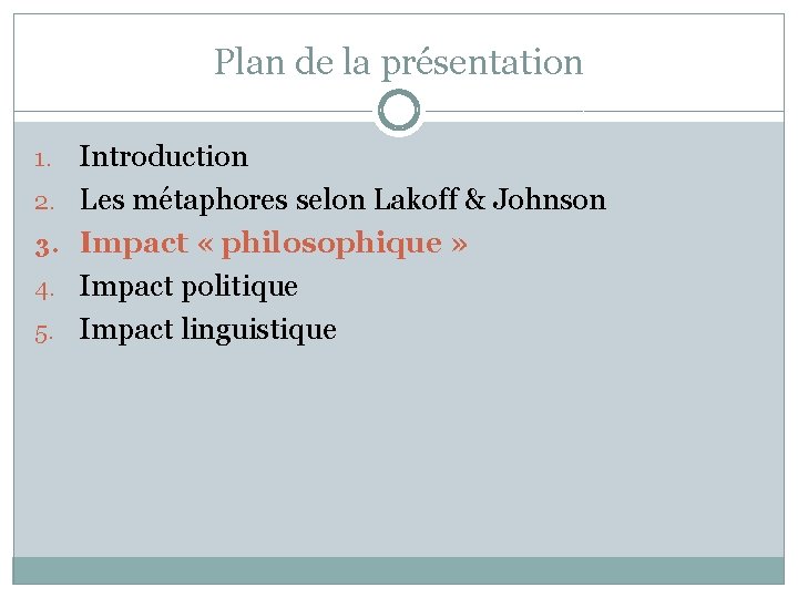 Plan de la présentation 1. 2. 3. 4. 5. Introduction Les métaphores selon Lakoff Plan de la présentation 1. 2. 3. 4. 5. Introduction Les métaphores selon Lakoff