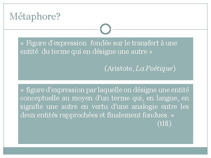 Métaphore? « Figure d’expression fondée sur le transfert à une entité du terme qui Métaphore? « Figure d’expression fondée sur le transfert à une entité du terme qui