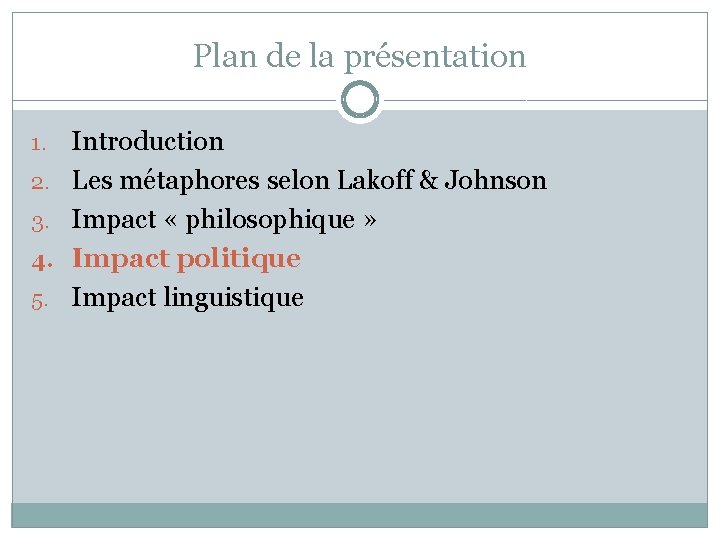 Plan de la présentation 1. 2. 3. 4. 5. Introduction Les métaphores selon Lakoff Plan de la présentation 1. 2. 3. 4. 5. Introduction Les métaphores selon Lakoff