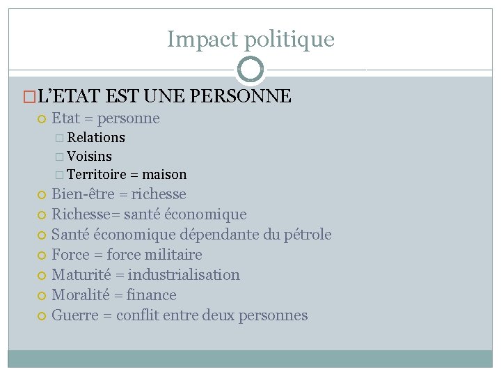Impact politique �L’ETAT EST UNE PERSONNE Etat = personne � Relations � Voisins � Impact politique �L’ETAT EST UNE PERSONNE Etat = personne � Relations � Voisins �