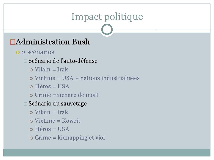 Impact politique �Administration Bush 2 scénarios � Scénario de l’auto-défense Vilain = Irak Victime Impact politique �Administration Bush 2 scénarios � Scénario de l’auto-défense Vilain = Irak Victime