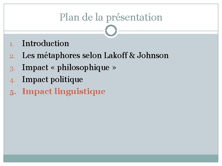 Plan de la présentation 1. 2. 3. 4. 5. Introduction Les métaphores selon Lakoff Plan de la présentation 1. 2. 3. 4. 5. Introduction Les métaphores selon Lakoff