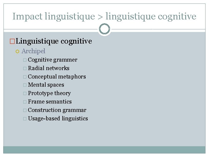 Impact linguistique > linguistique cognitive �Linguistique cognitive Archipel � Cognitive grammer � Radial networks Impact linguistique > linguistique cognitive �Linguistique cognitive Archipel � Cognitive grammer � Radial networks
