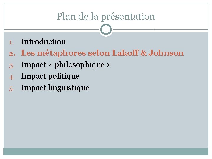 Plan de la présentation 1. 2. 3. 4. 5. Introduction Les métaphores selon Lakoff Plan de la présentation 1. 2. 3. 4. 5. Introduction Les métaphores selon Lakoff