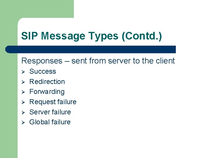 SIP Message Types (Contd. ) Responses – sent from server to the client Ø