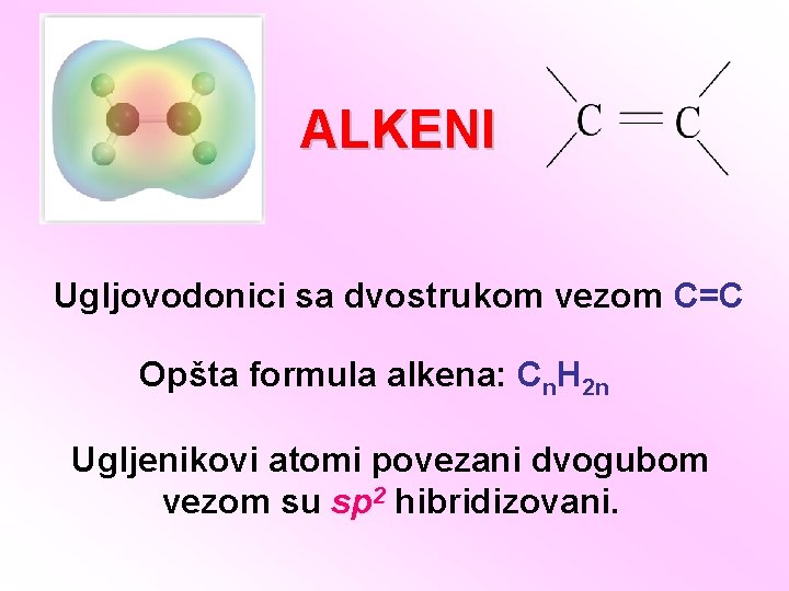 ALKENI Ugljovodonici sa dvostrukom vezom C=C Opšta formula alkena: Cn. H 2 n Ugljenikovi