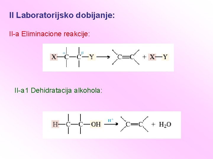 II Laboratorijsko dobijanje: II-a Eliminacione reakcije: II-a 1 Dehidratacija alkohola: 