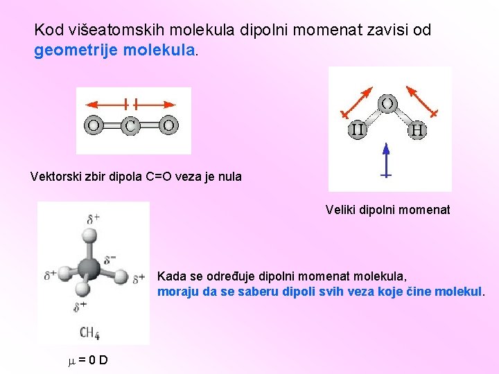 Kod višeatomskih molekula dipolni momenat zavisi od geometrije molekula. Vektorski zbir dipola C=O veza