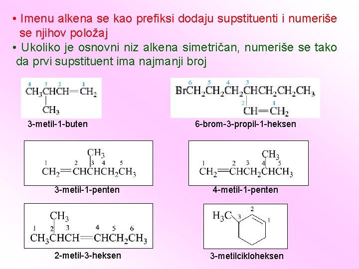  • Imenu alkena se kao prefiksi dodaju supstituenti i numeriše se njihov položaj