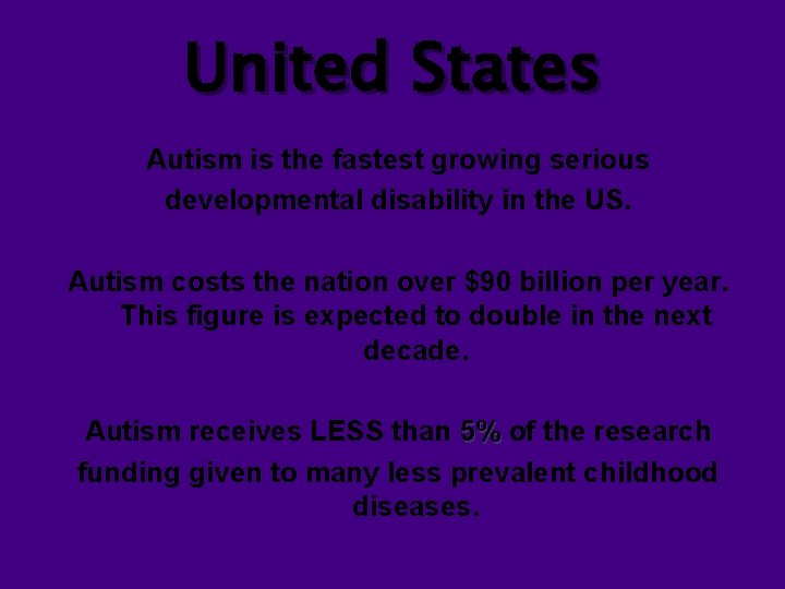 United States Autism is the fastest growing serious developmental disability in the US. Autism