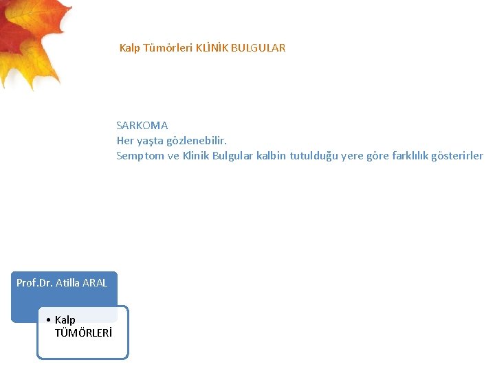  Kalp Tümörleri KLİNİK BULGULAR SARKOMA Her yaşta gözlenebilir. Semptom ve Klinik Bulgular kalbin