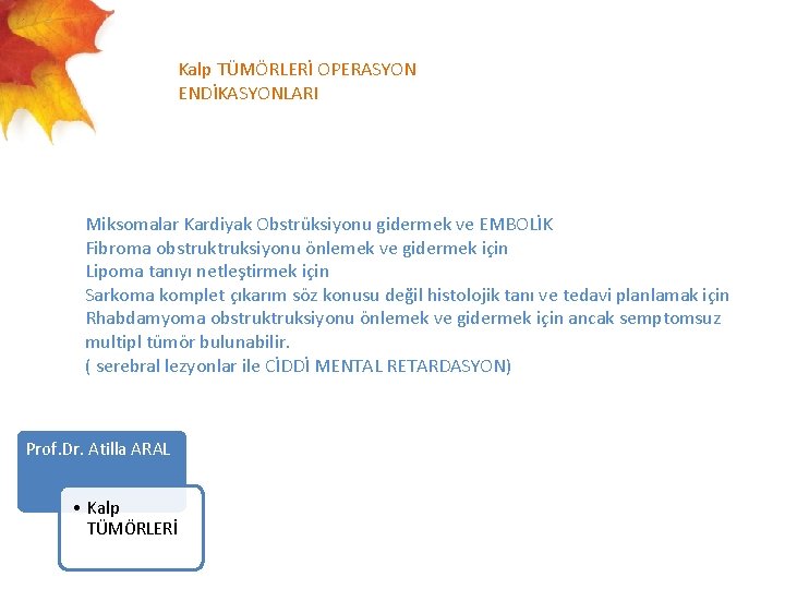  Kalp TÜMÖRLERİ OPERASYON ENDİKASYONLARI Miksomalar Kardiyak Obstrüksiyonu gidermek ve EMBOLİK Fibroma obstruksiyonu önlemek