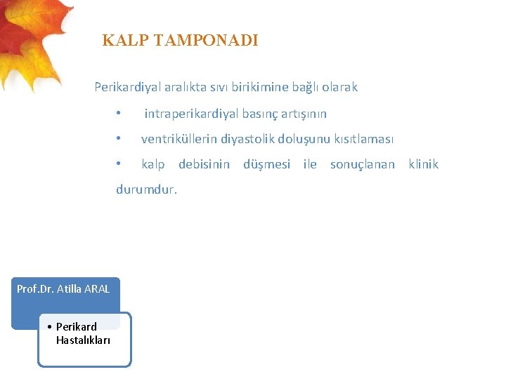  KALP TAMPONADI Perikardiyal aralıkta sıvı birikimine bağlı olarak • intraperikardiyal basınç artışının •