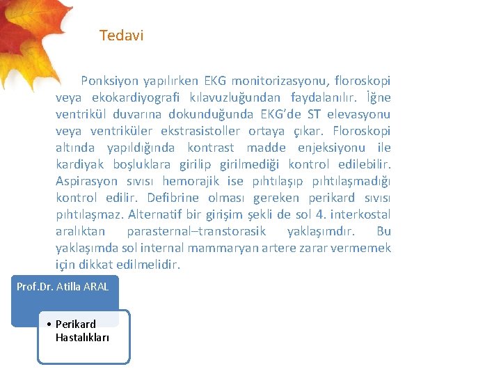  Tedavi Ponksiyon yapılırken EKG monitorizasyonu, floroskopi veya ekokardiyografi kılavuzluğundan faydalanılır. İğne ventrikül duvarına