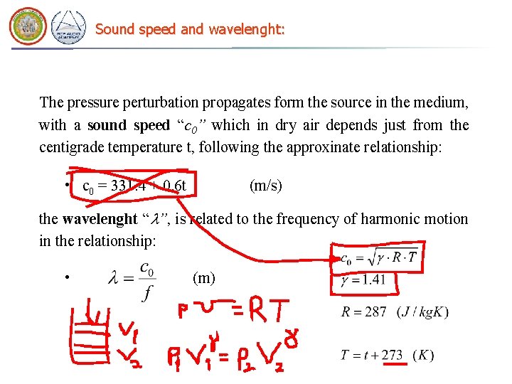 Sound speed and wavelenght: The pressure perturbation propagates form the source in the medium,