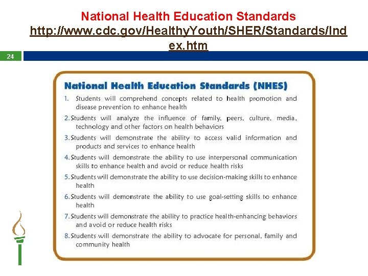National Health Education Standards http: //www. cdc. gov/Healthy. Youth/SHER/Standards/Ind ex. htm 24 