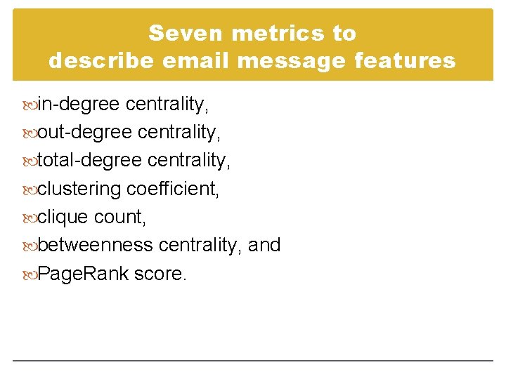 Seven metrics to describe email message features in-degree centrality, out-degree centrality, total-degree centrality, clustering