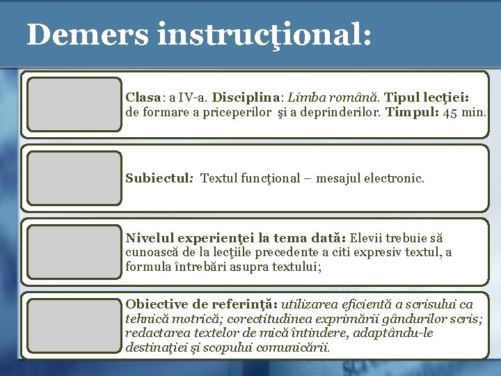 Demers instrucţional: Clasa: a IV-a. Disciplina: Limba română. Tipul lecţiei: de formare a priceperilor