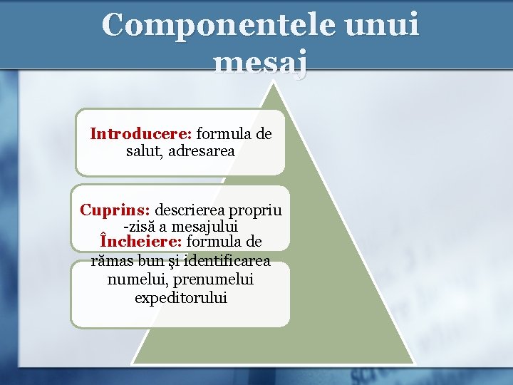 Componentele unui mesaj Introducere: formula de salut, adresarea Cuprins: descrierea propriu -zisă a mesajului