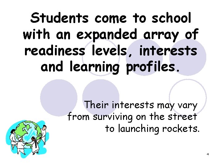 Students come to school with an expanded array of readiness levels, interests and learning Students come to school with an expanded array of readiness levels, interests and learning