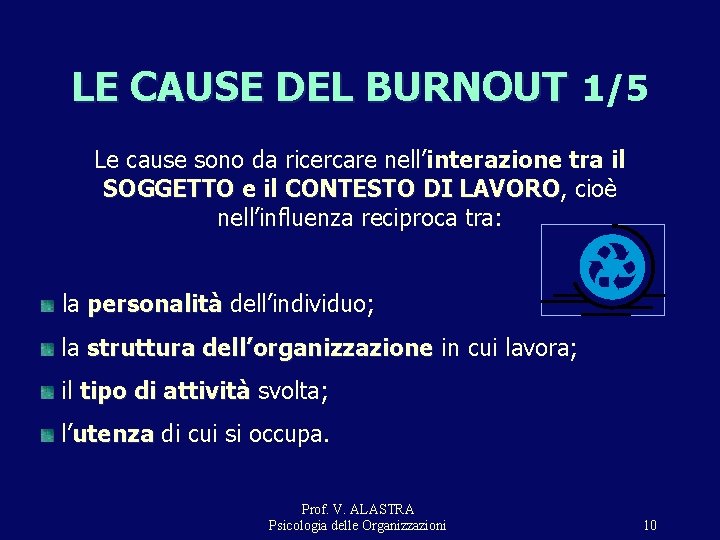 LE CAUSE DEL BURNOUT 1/5 Le cause sono da ricercare nell’interazione tra il SOGGETTO LE CAUSE DEL BURNOUT 1/5 Le cause sono da ricercare nell’interazione tra il SOGGETTO