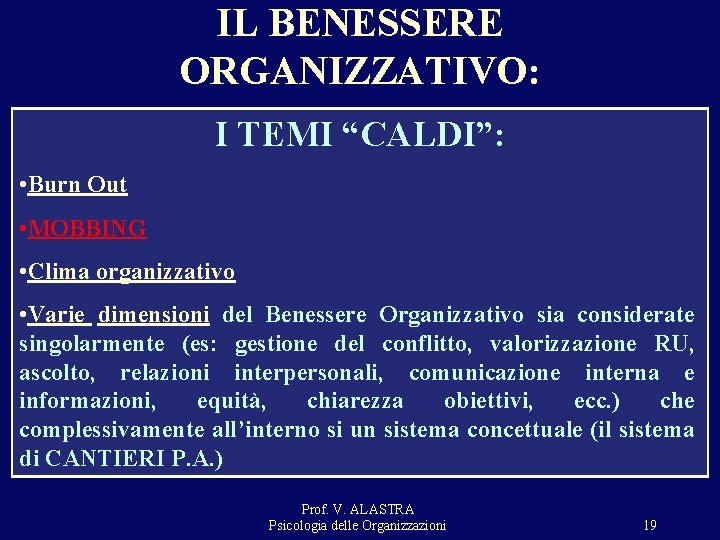 IL BENESSERE ORGANIZZATIVO: I TEMI “CALDI”: • Burn Out • MOBBING • Clima organizzativo IL BENESSERE ORGANIZZATIVO: I TEMI “CALDI”: • Burn Out • MOBBING • Clima organizzativo