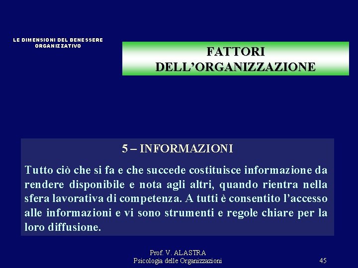 LE DIMENSIONI DEL BENESSERE ORGANIZZATIVO FATTORI DELL’ORGANIZZAZIONE 5 – INFORMAZIONI Tutto ciò che si LE DIMENSIONI DEL BENESSERE ORGANIZZATIVO FATTORI DELL’ORGANIZZAZIONE 5 – INFORMAZIONI Tutto ciò che si