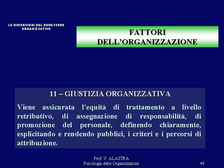 LE DIMENSIONI DEL BENESSERE ORGANIZZATIVO FATTORI DELL’ORGANIZZAZIONE 11 – GIUSTIZIA ORGANIZZATIVA Viene assicurata l’equità LE DIMENSIONI DEL BENESSERE ORGANIZZATIVO FATTORI DELL’ORGANIZZAZIONE 11 – GIUSTIZIA ORGANIZZATIVA Viene assicurata l’equità