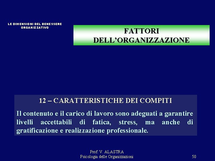 LE DIMENSIONI DEL BENESSERE ORGANIZZATIVO FATTORI DELL’ORGANIZZAZIONE 12 – CARATTERISTICHE DEI COMPITI Il contenuto LE DIMENSIONI DEL BENESSERE ORGANIZZATIVO FATTORI DELL’ORGANIZZAZIONE 12 – CARATTERISTICHE DEI COMPITI Il contenuto
