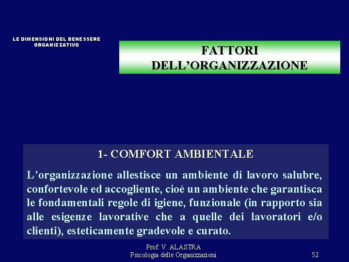 LE DIMENSIONI DEL BENESSERE ORGANIZZATIVO FATTORI DELL’ORGANIZZAZIONE 1 - COMFORT AMBIENTALE L’organizzazione allestisce un LE DIMENSIONI DEL BENESSERE ORGANIZZATIVO FATTORI DELL’ORGANIZZAZIONE 1 - COMFORT AMBIENTALE L’organizzazione allestisce un