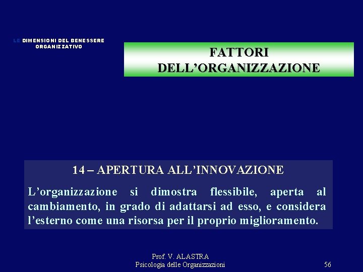 LE DIMENSIONI DEL BENESSERE ORGANIZZATIVO FATTORI DELL’ORGANIZZAZIONE 14 – APERTURA ALL’INNOVAZIONE L’organizzazione si dimostra LE DIMENSIONI DEL BENESSERE ORGANIZZATIVO FATTORI DELL’ORGANIZZAZIONE 14 – APERTURA ALL’INNOVAZIONE L’organizzazione si dimostra
