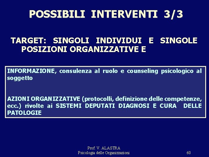 POSSIBILI INTERVENTI 3/3 TARGET: SINGOLI INDIVIDUI E SINGOLE POSIZIONI ORGANIZZATIVE E INFORMAZIONE, consulenza al POSSIBILI INTERVENTI 3/3 TARGET: SINGOLI INDIVIDUI E SINGOLE POSIZIONI ORGANIZZATIVE E INFORMAZIONE, consulenza al