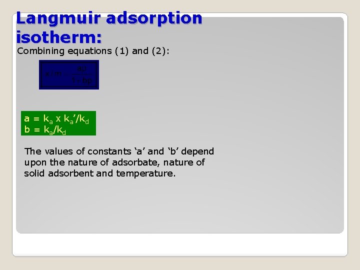 Langmuir adsorption isotherm: Combining equations (1) and (2): a = ka x ka’/kd b