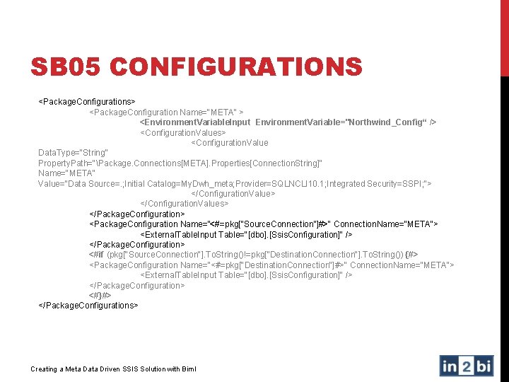 SB 05 CONFIGURATIONS <Package. Configurations> <Package. Configuration Name="META" > <Environment. Variable. Input Environment. Variable="Northwind_Config“