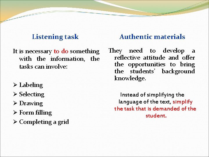 Listening task Authentic materials It is necessary to do something with the information, the Listening task Authentic materials It is necessary to do something with the information, the