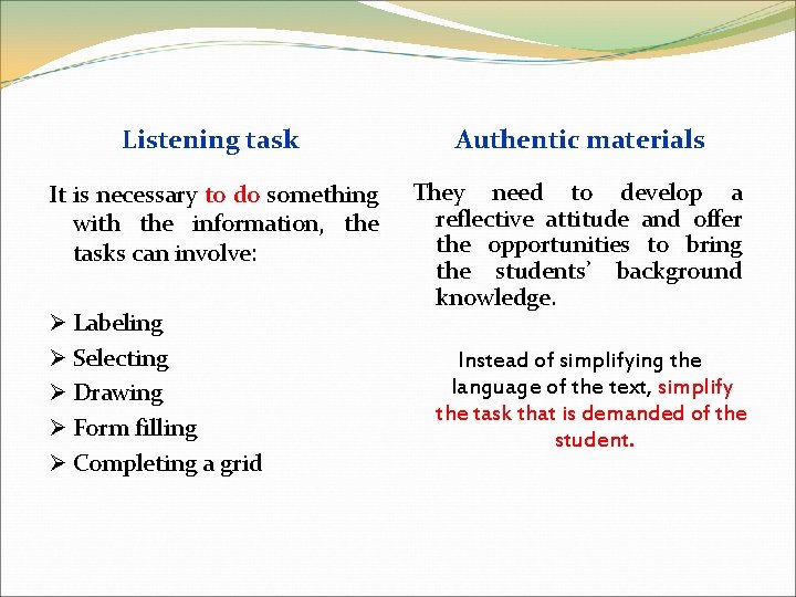 Listening task Authentic materials It is necessary to do something with the information, the