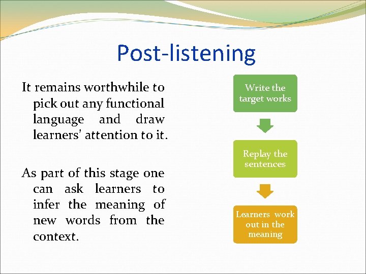 Post-listening It remains worthwhile to pick out any functional language and draw learners’ attention