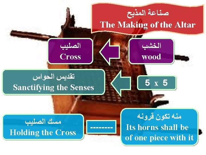  ﺍﻟﻤﺬﺑﺢ ﺻﻨﺎﻋﺔ The Making of the Altar ﺍﻟﺼﻠﻴﺐ Cross ﺍﻟﺨﺸﺐ wood ﺍﻟﺤﻮﺍﺱ ﺗﻘﺪﻳﺲ