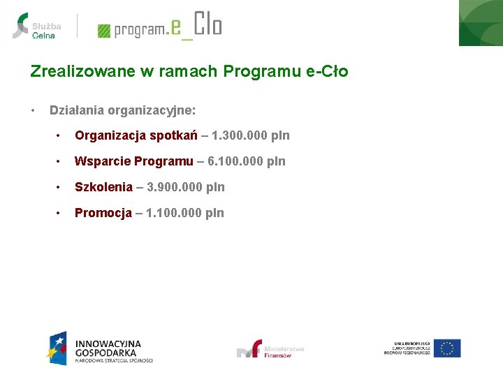 Zrealizowane w ramach Programu e-Cło • Działania organizacyjne: • Organizacja spotkań – 1. 300.