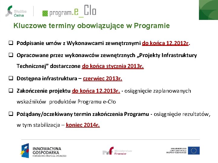 Kluczowe terminy obowiązujące w Programie q Podpisanie umów z Wykonawcami zewnętrznymi do końca 12.