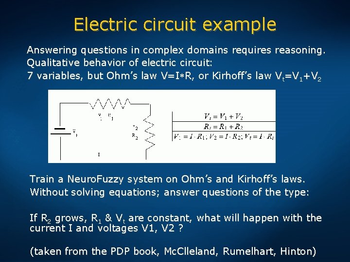 Electric circuit example Answering questions in complex domains requires reasoning. Qualitative behavior of electric